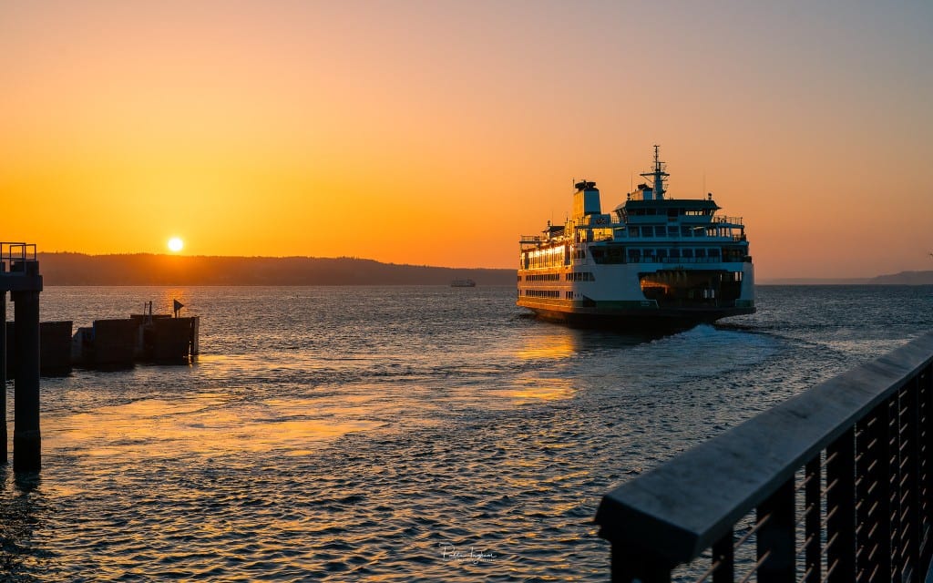 Grand ferry blanc aux reflets verts, naviguant sur une mer calme au coucher du soleil.